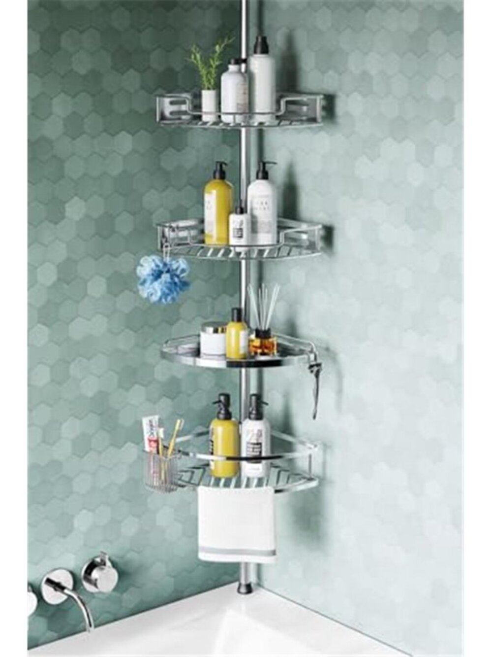 Shower Caddy Tension Pole, 4 Tier Corner Shower Shelves - Silver
